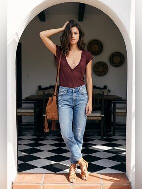 Free People NWT Deep Burgundy V-Neck Tee, super soft and see thru